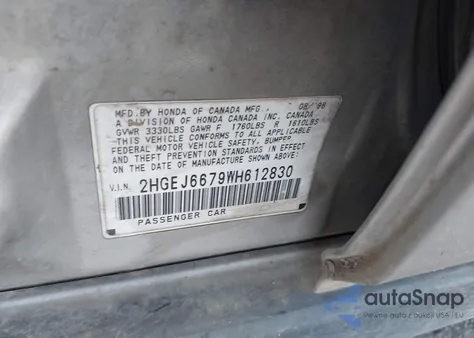 1998 Honda Civic Lx z USA, uszkodzony, nr VIN 2HGEJ6679WH612830